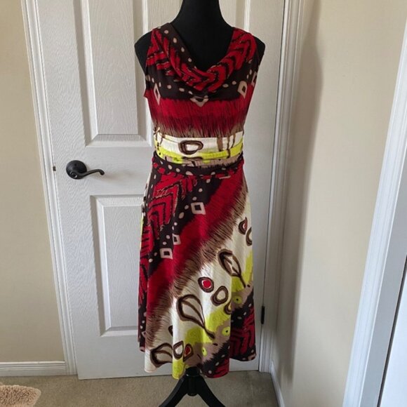 Midi Brown, Red and White Abstract Sleeveless Dress, Size L - Picture 1 of 10